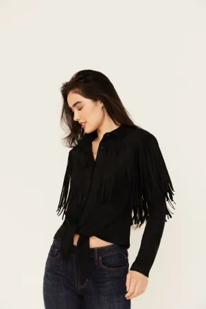 Fate Faux Suede Fringe Long Sleeve Button-Down Tie-Front Shirt