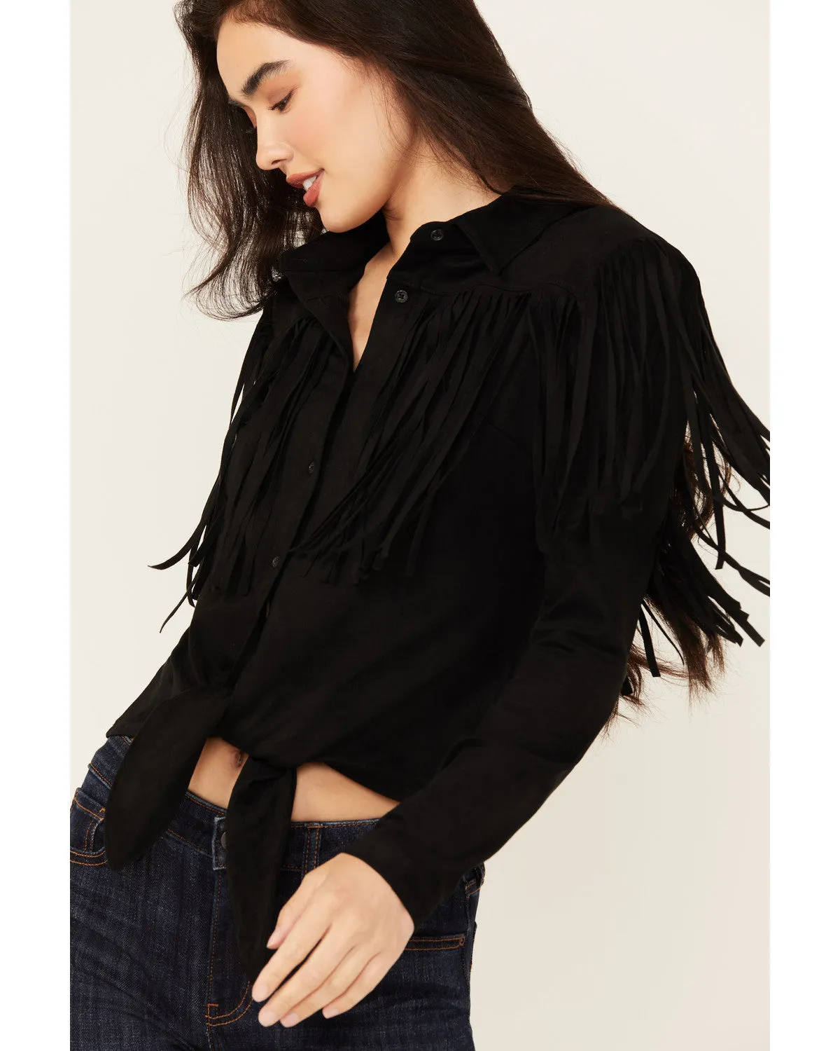 Fate Faux Suede Fringe Long Sleeve Button-Down Tie-Front Shirt