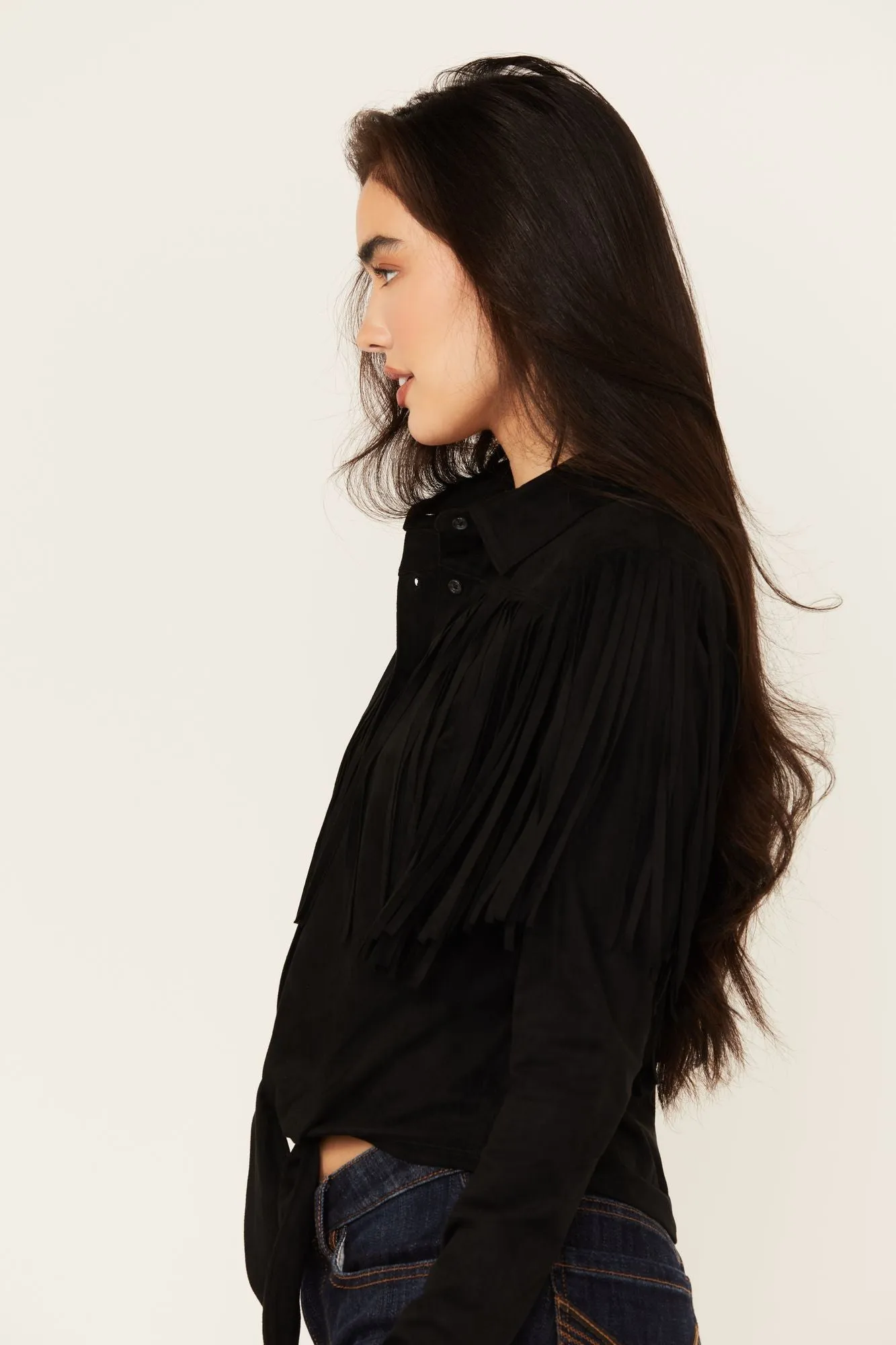 Fate Faux Suede Fringe Long Sleeve Button-Down Tie-Front Shirt