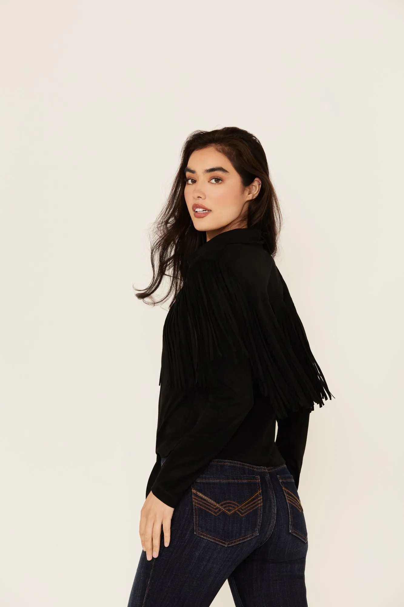 Fate Faux Suede Fringe Long Sleeve Button-Down Tie-Front Shirt