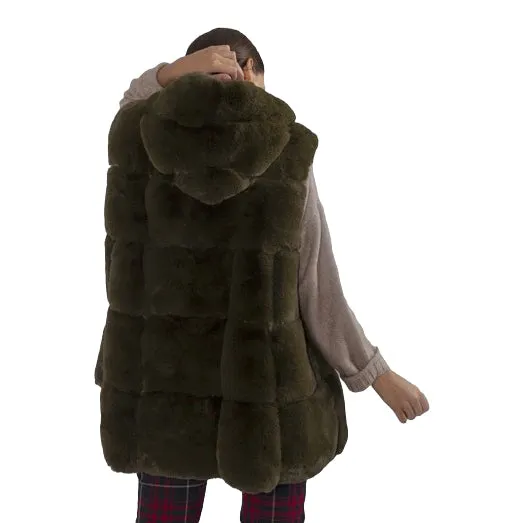 Faux Fur Long Hooded Gilet Khaki Green