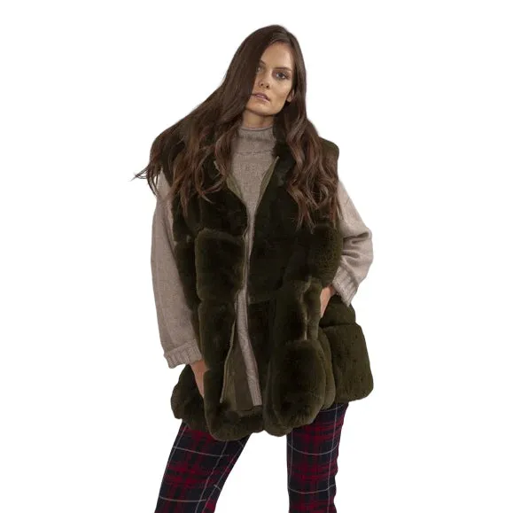 Faux Fur Long Hooded Gilet Khaki Green