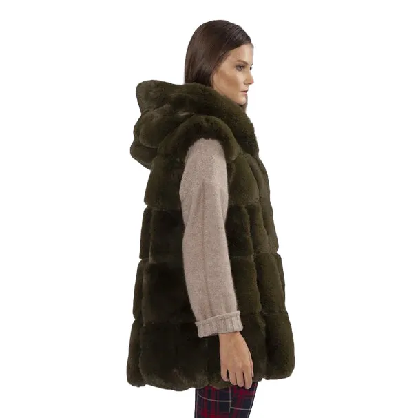 Faux Fur Long Hooded Gilet Khaki Green