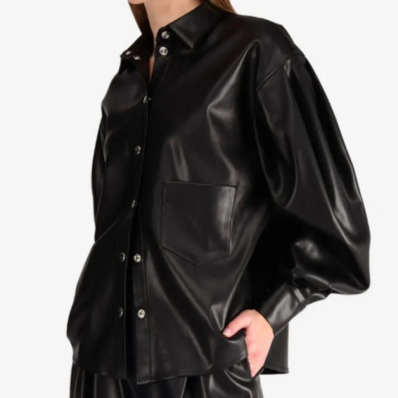 Faux Leather Shirt With Metal Knob