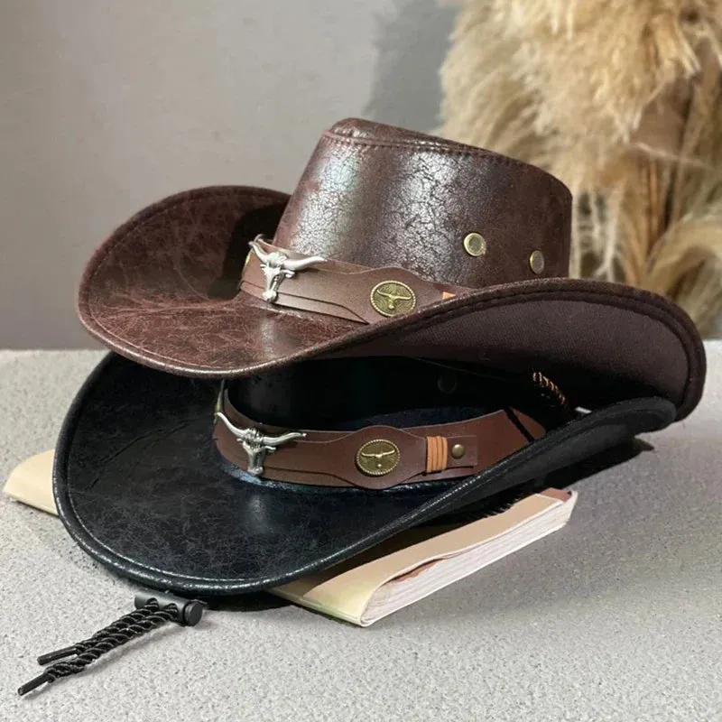 Faux Leather Western Cowboy Hat: Stylish Cow Head Decoration