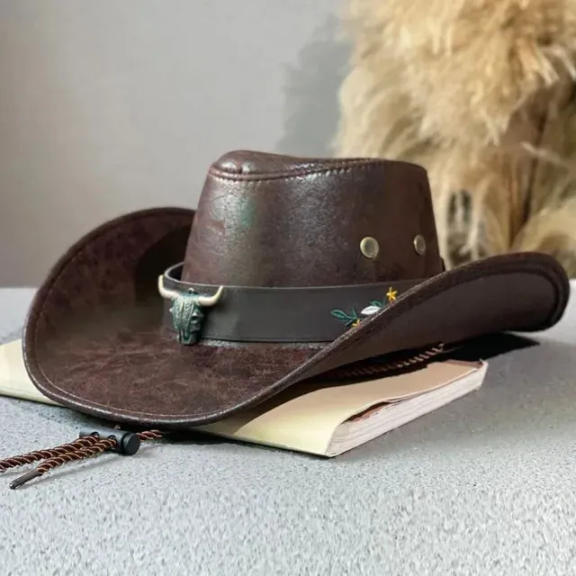 Faux Leather Western Cowboy Hat: Stylish Cow Head Decoration