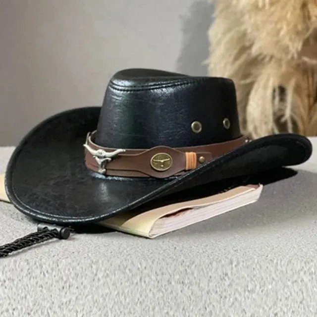 Faux Leather Western Cowboy Hat: Stylish Cow Head Decoration