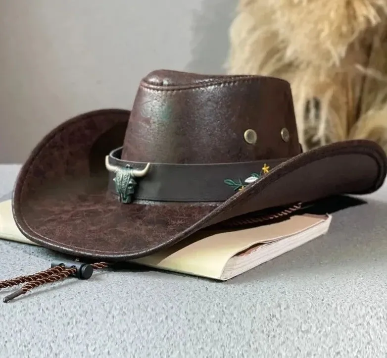 Faux Leather Western Cowboy Hat: Stylish Cow Head Decoration