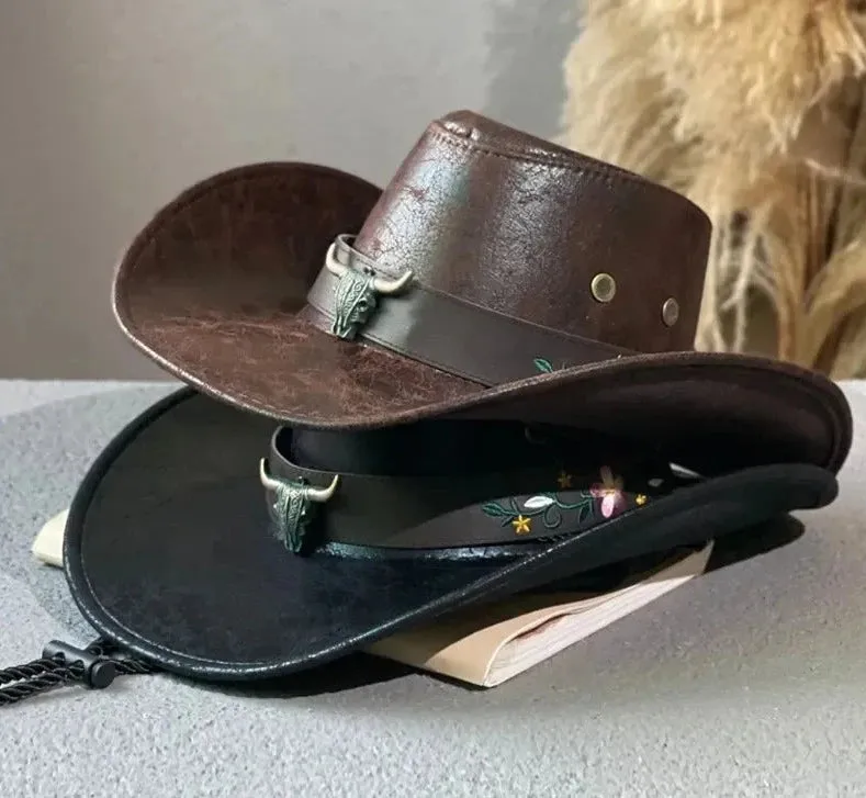 Faux Leather Western Cowboy Hat: Stylish Cow Head Decoration