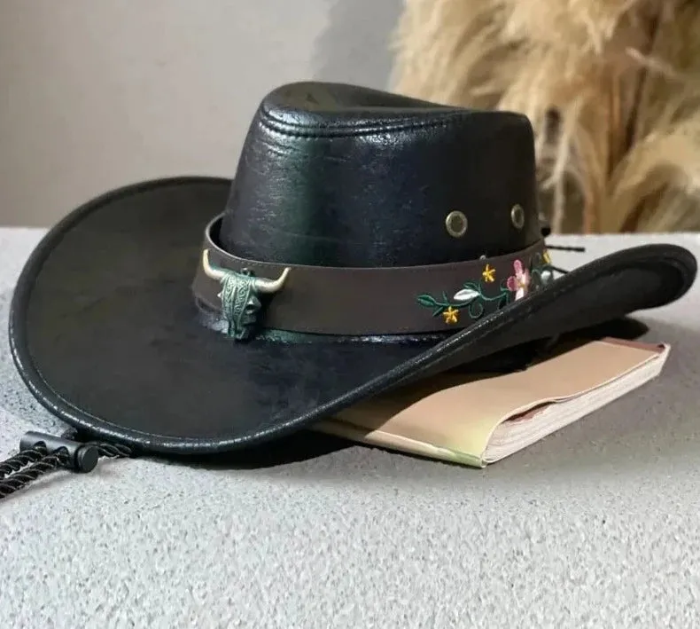 Faux Leather Western Cowboy Hat: Stylish Cow Head Decoration