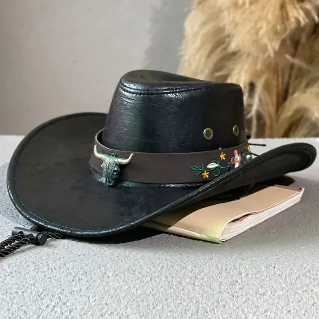 Faux Leather Western Cowboy Hat: Stylish Cow Head Decoration