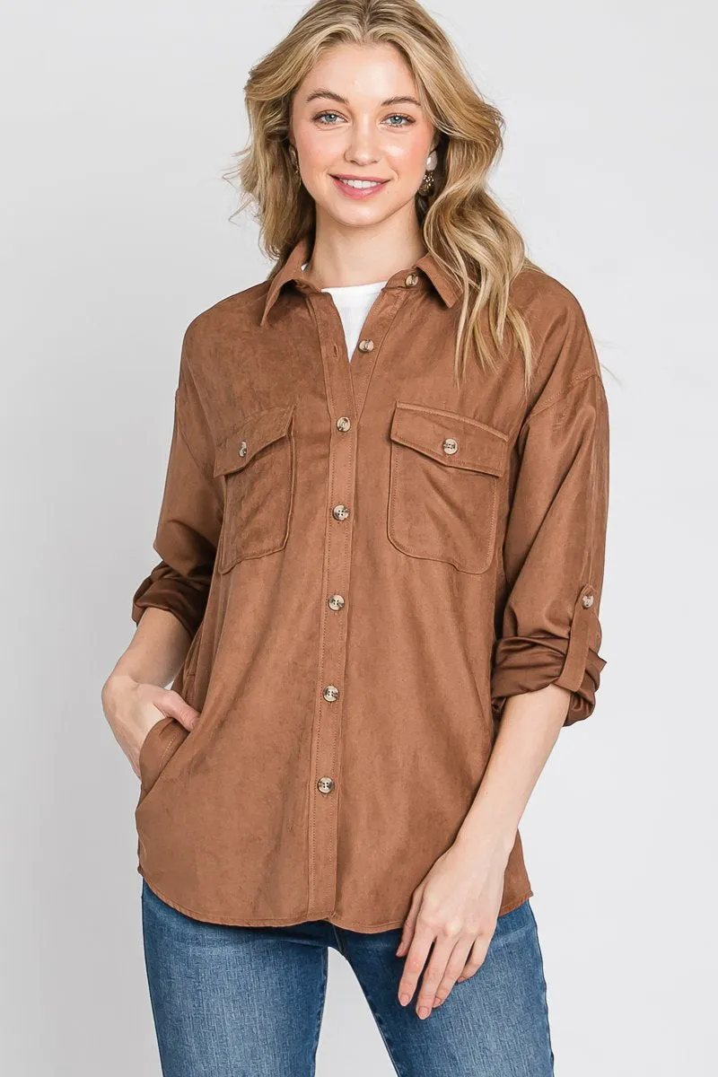 Faux suede classic button-down shirt with button strap long sleeves - multiple colors