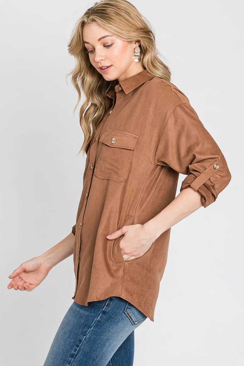 Faux suede classic button-down shirt with button strap long sleeves - multiple colors