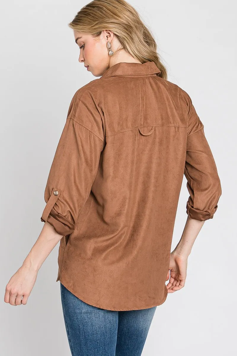 Faux suede classic button-down shirt with button strap long sleeves - multiple colors