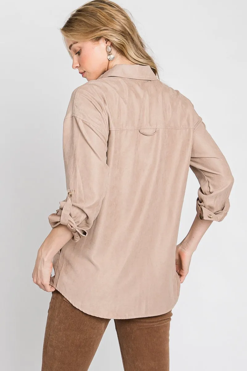 Faux suede classic button-down shirt with button strap long sleeves - multiple colors