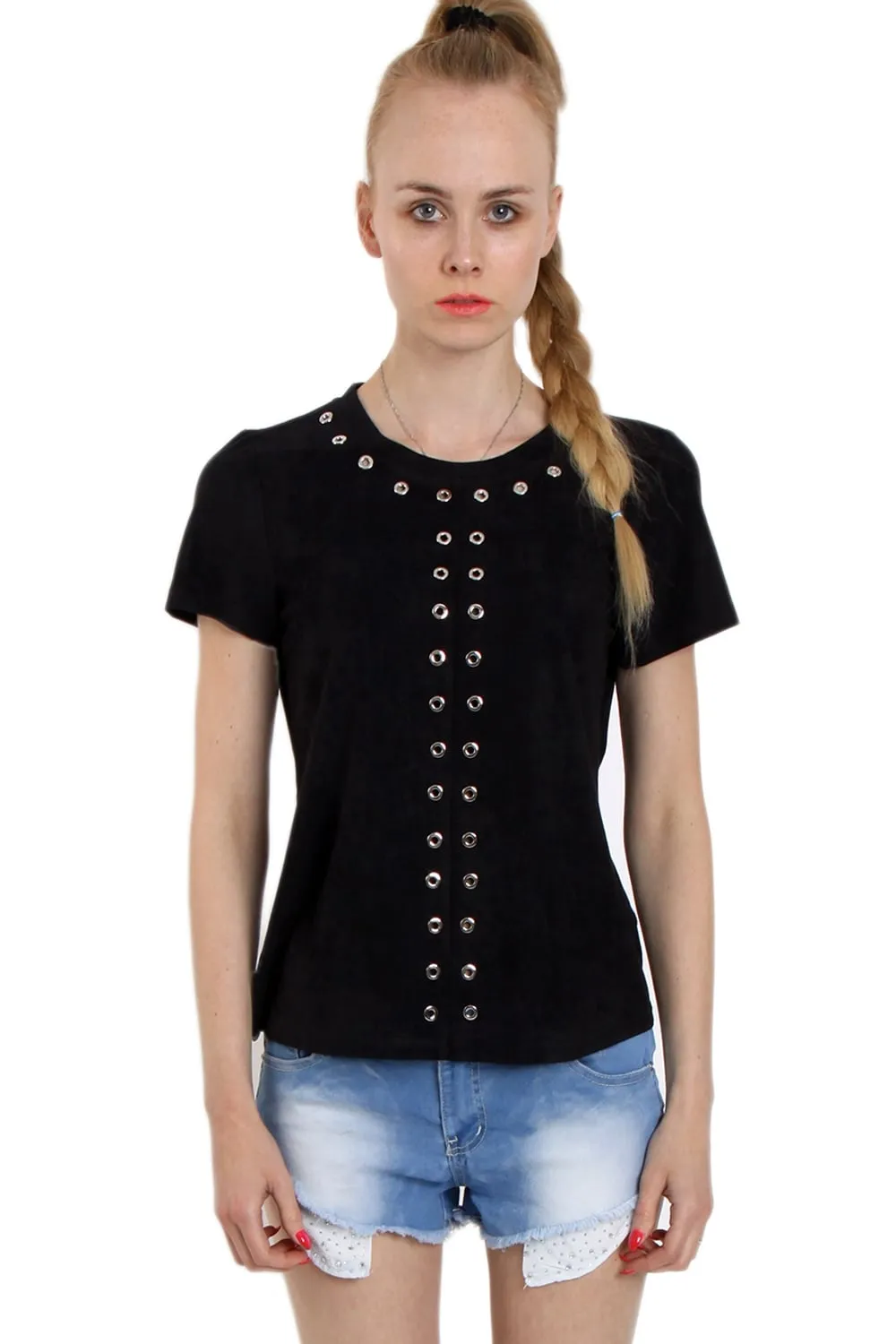 Faux Suede T-Shirt With Eyelet Detail