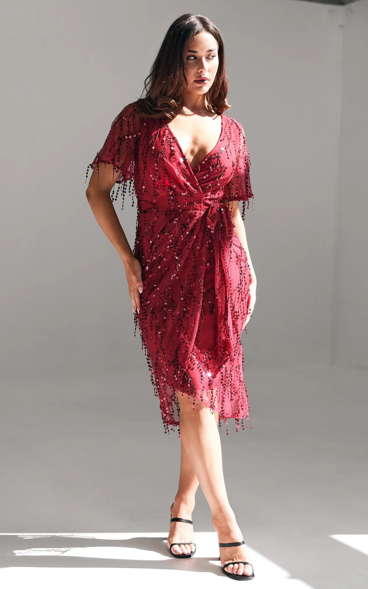 Fireworks Sequin Midi Dress - Wine