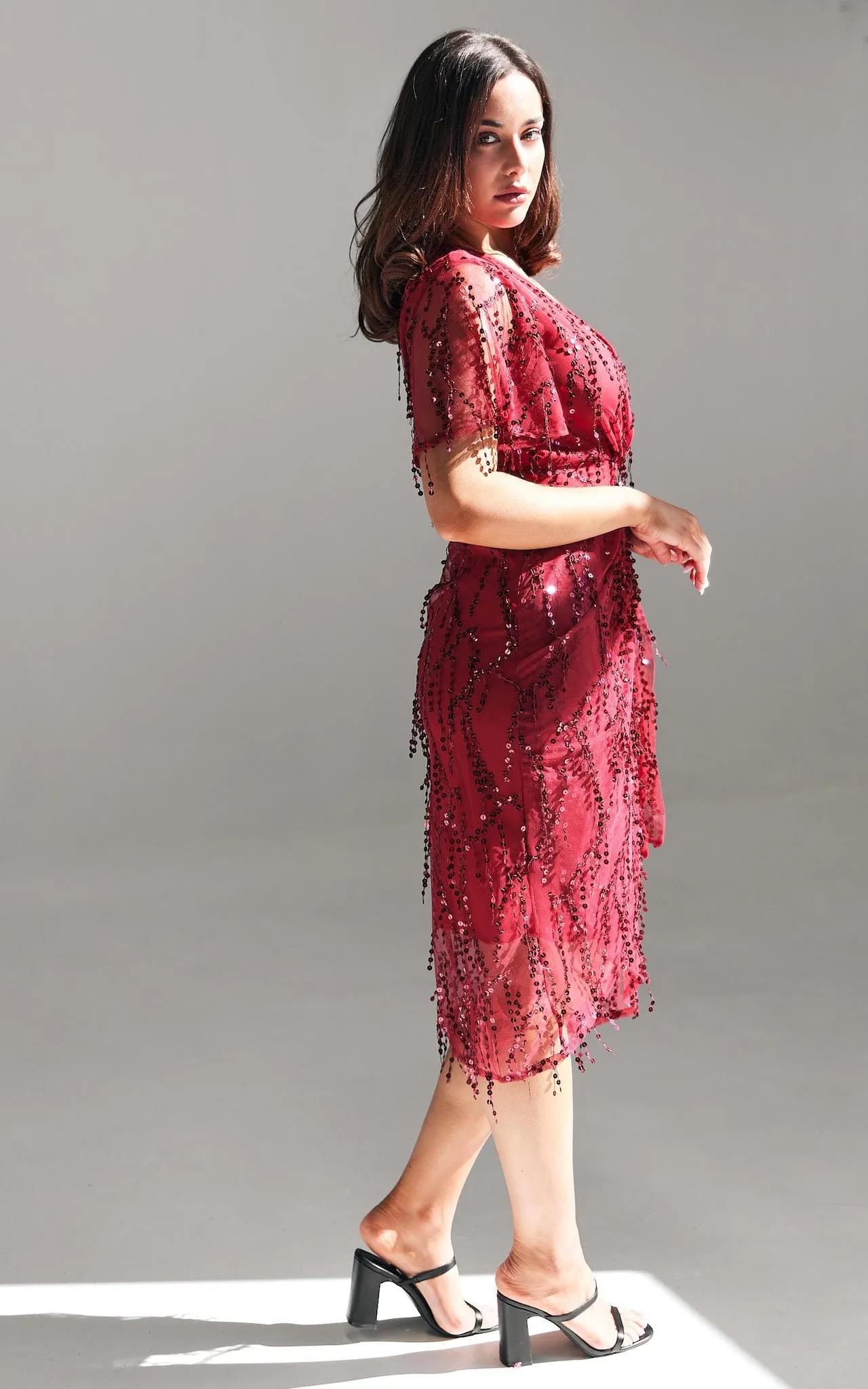 Fireworks Sequin Midi Dress - Wine