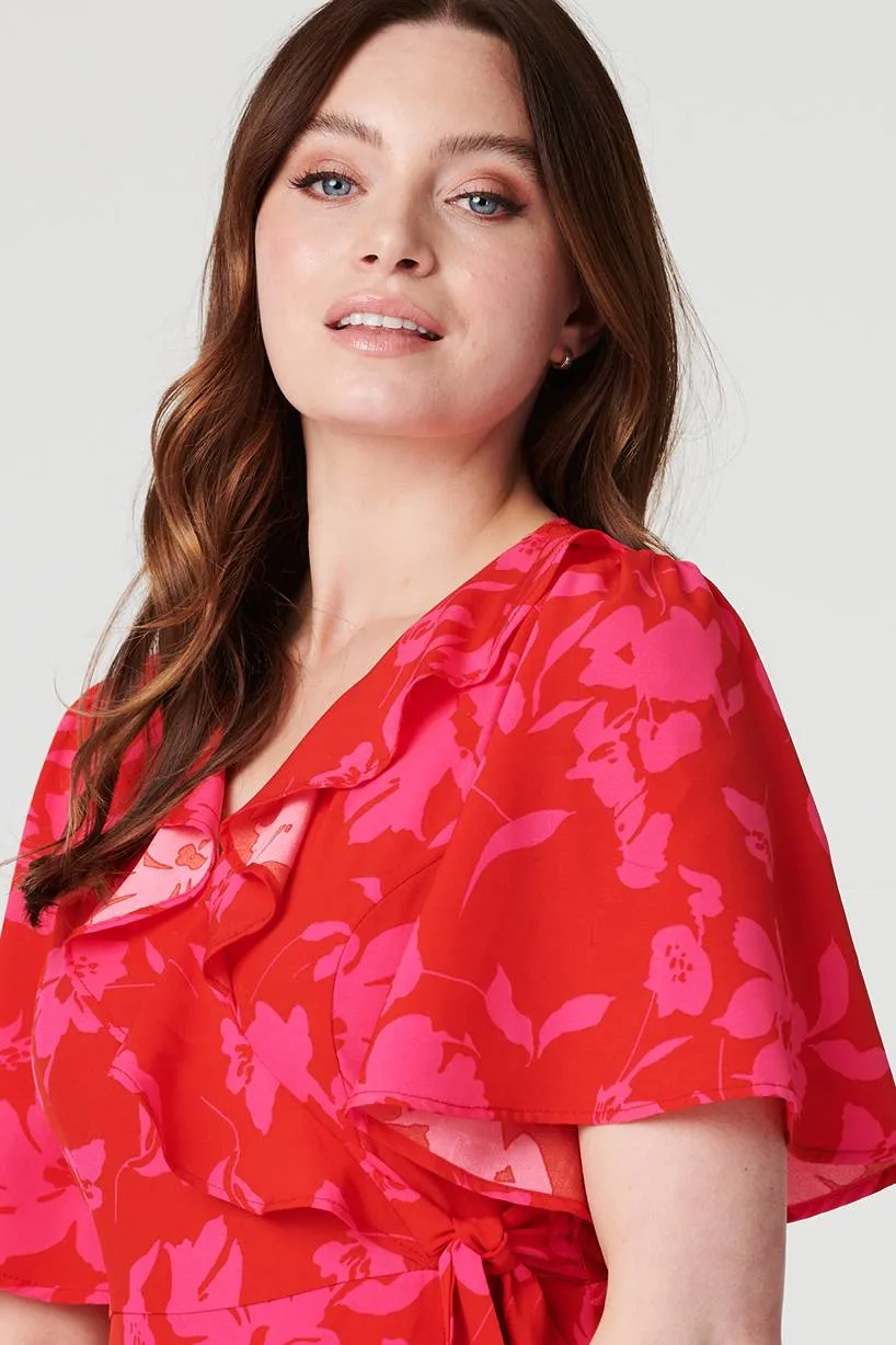 Floral 1/2 Flare Sleeve Wrap Dress