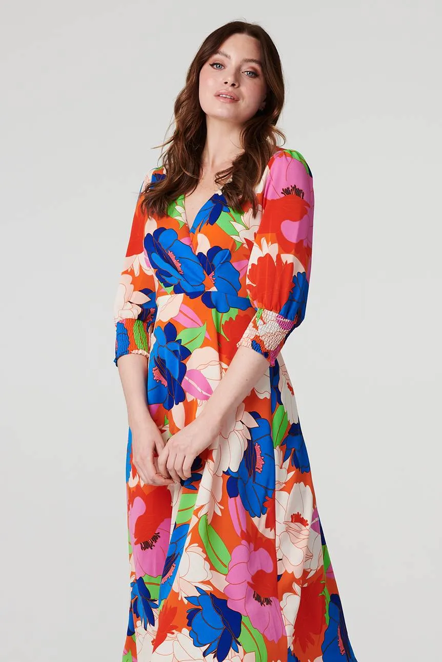 Floral 3/4 Sleeve Midi Dress