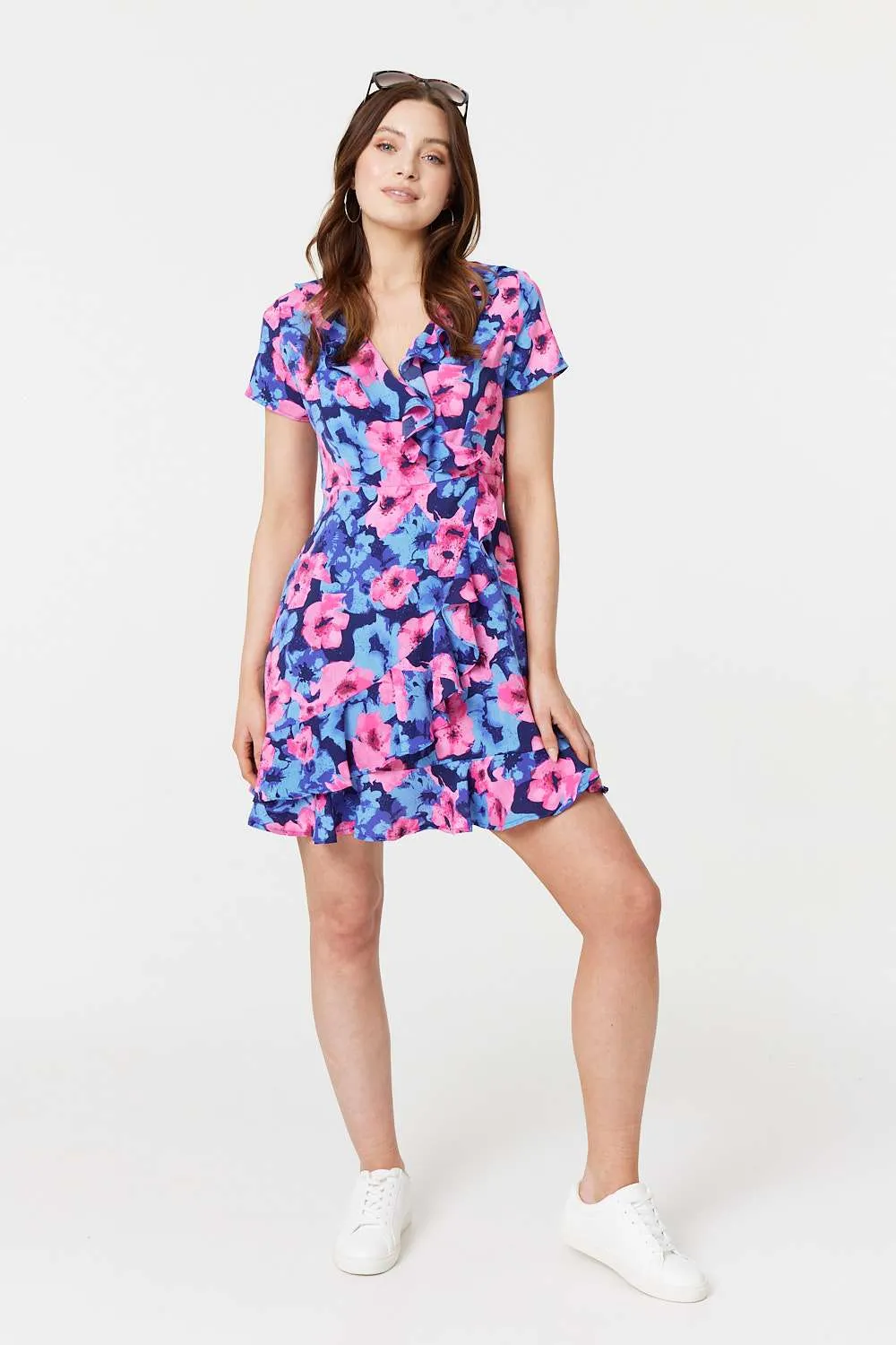 Floral Frill Faux Wrap Short Dress