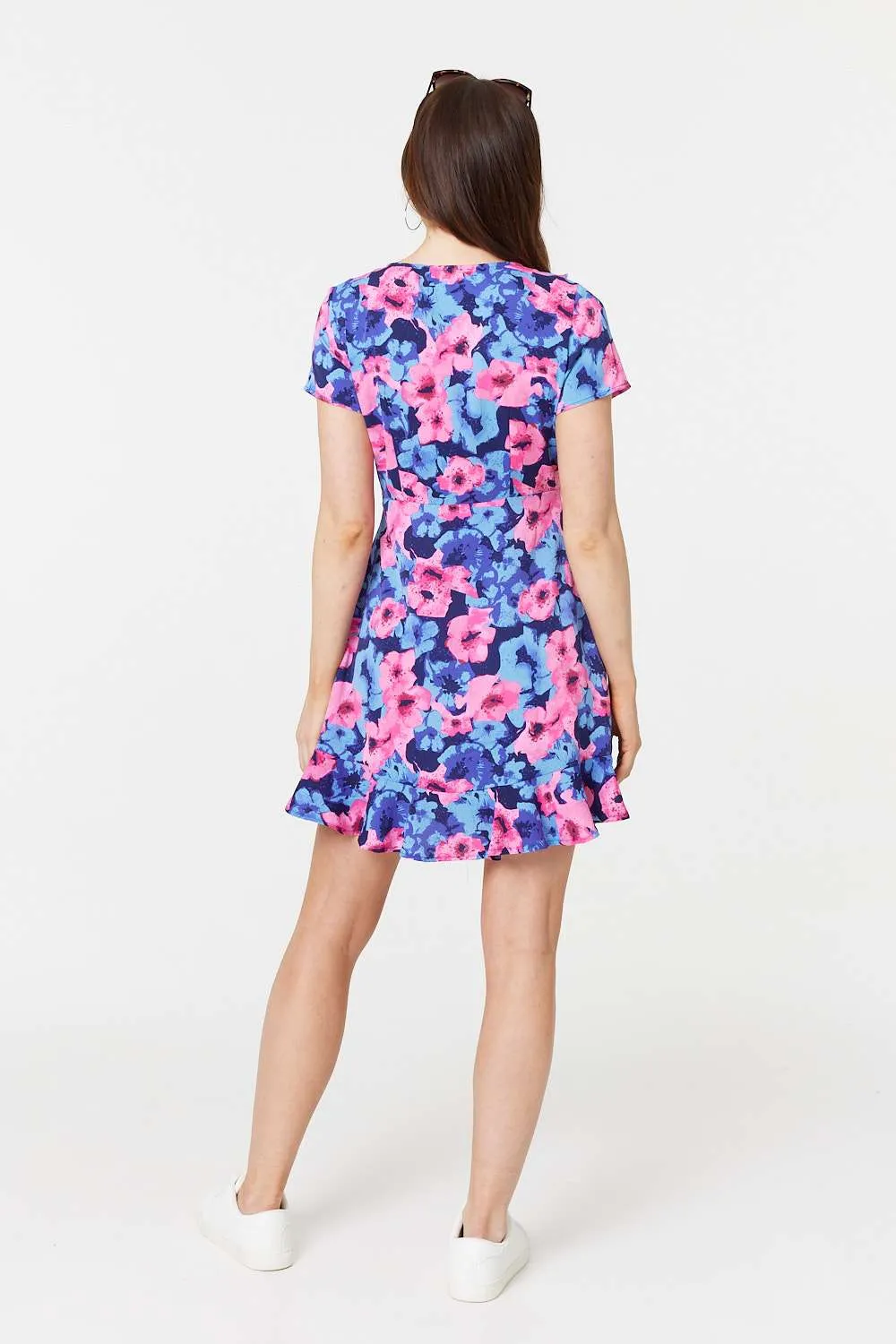 Floral Frill Faux Wrap Short Dress