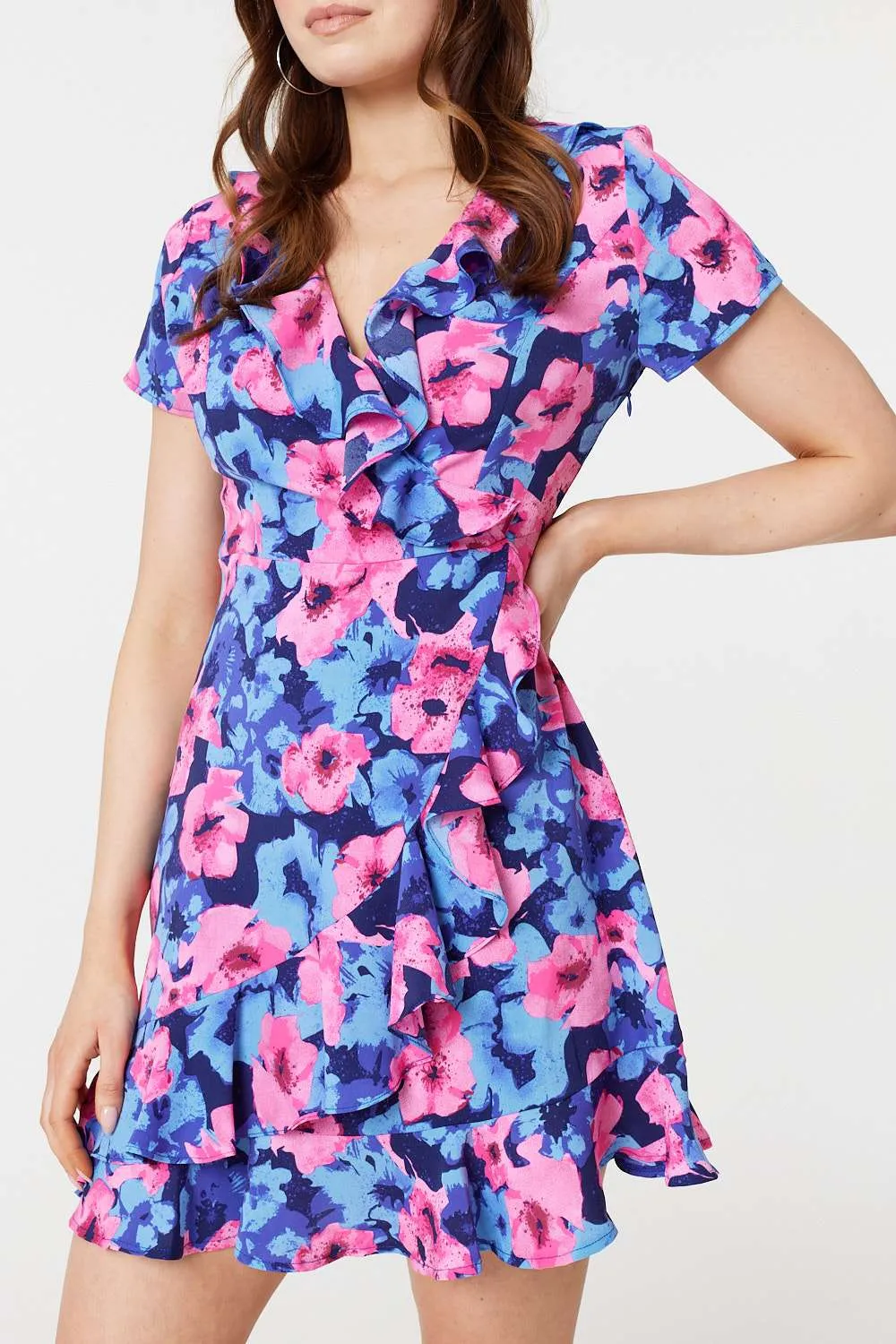 Floral Frill Faux Wrap Short Dress