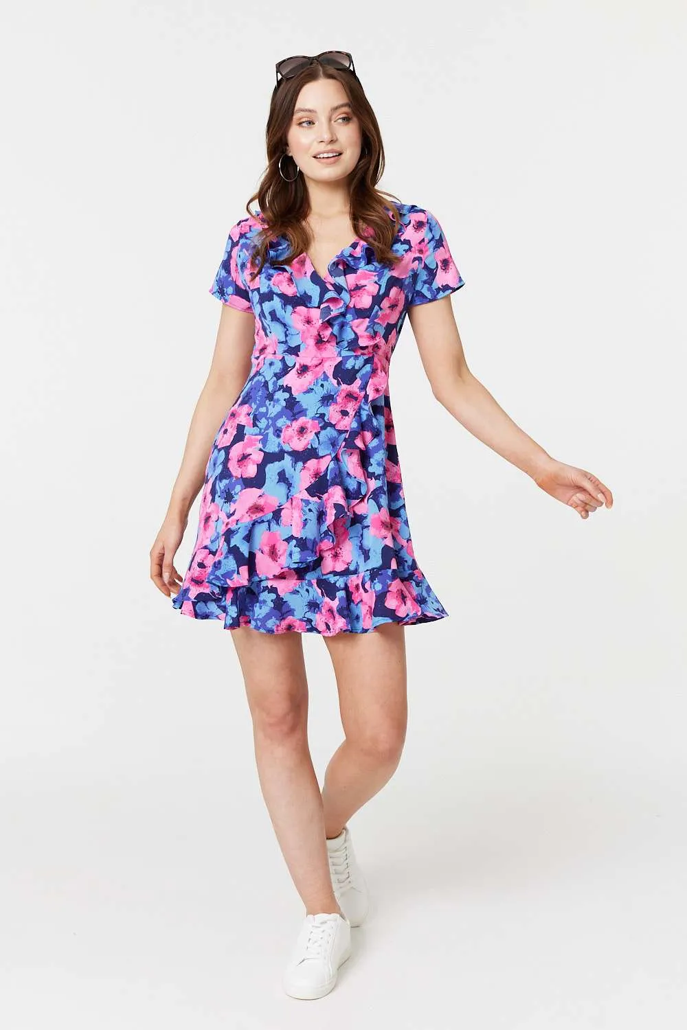 Floral Frill Faux Wrap Short Dress