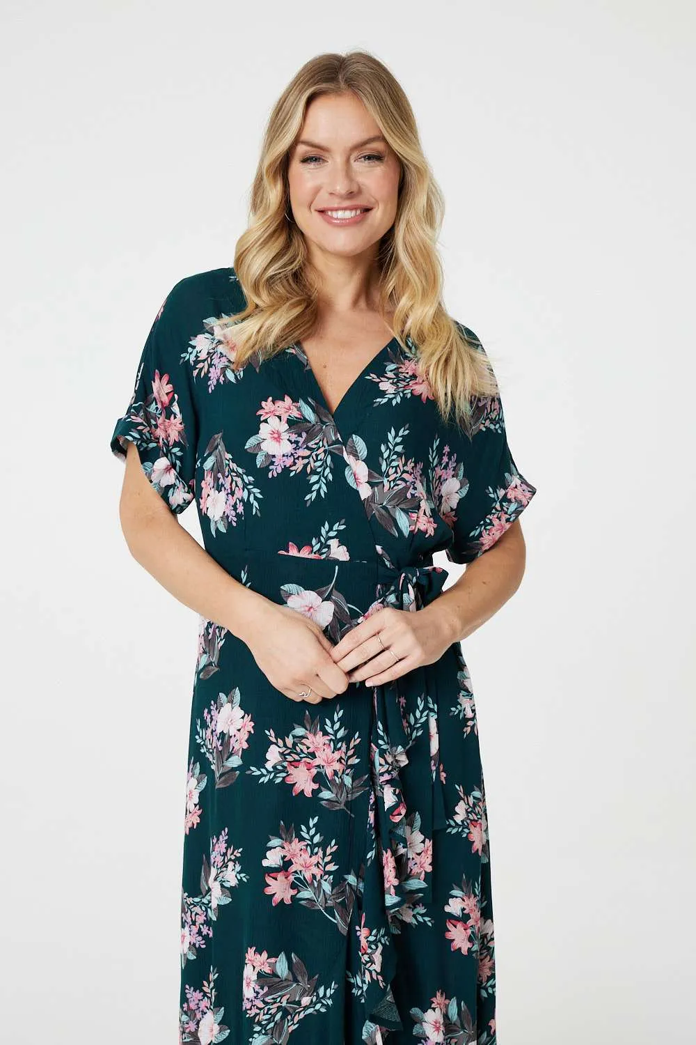 Floral Frill Hem Midi Wrap Dress