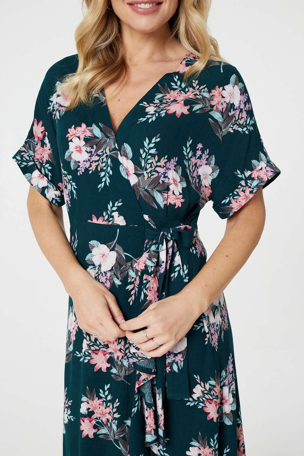 Floral Frill Hem Midi Wrap Dress