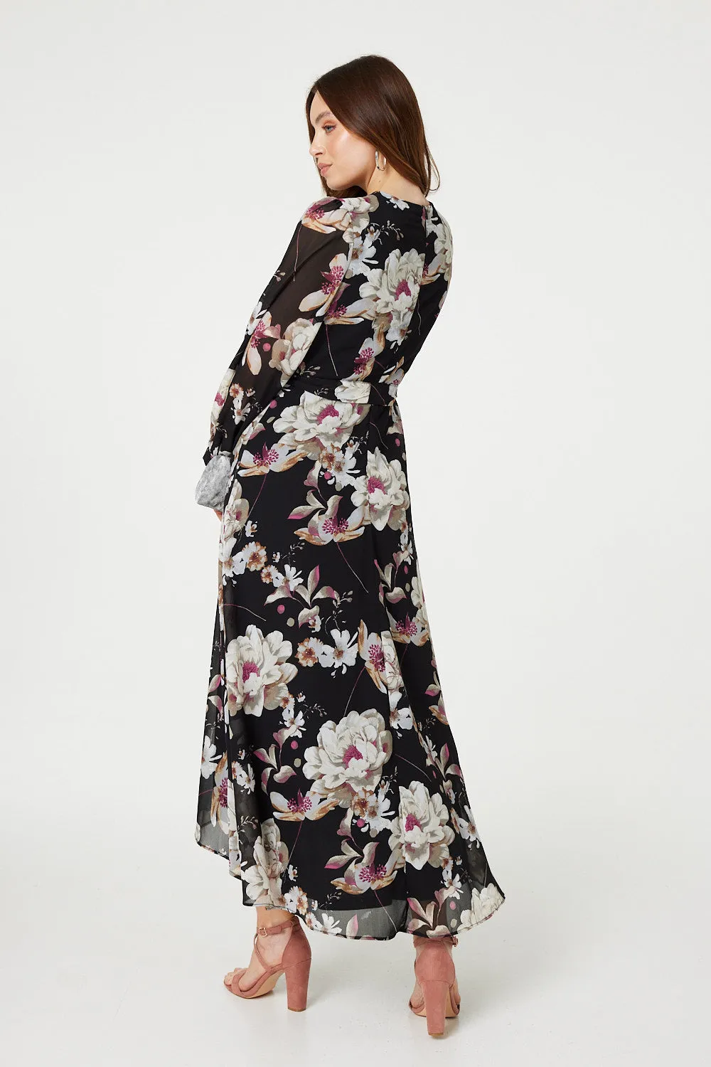 Floral Long Sleeve Tie Waist Wrap Midi Dress