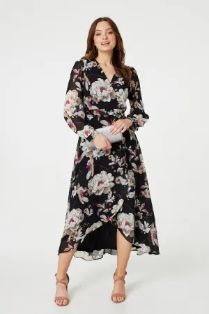 Floral Long Sleeve Tie Waist Wrap Midi Dress