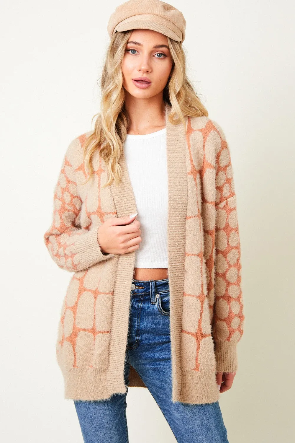 Fluffy Yarn Long Sleeve Open Front Knit Cardigan