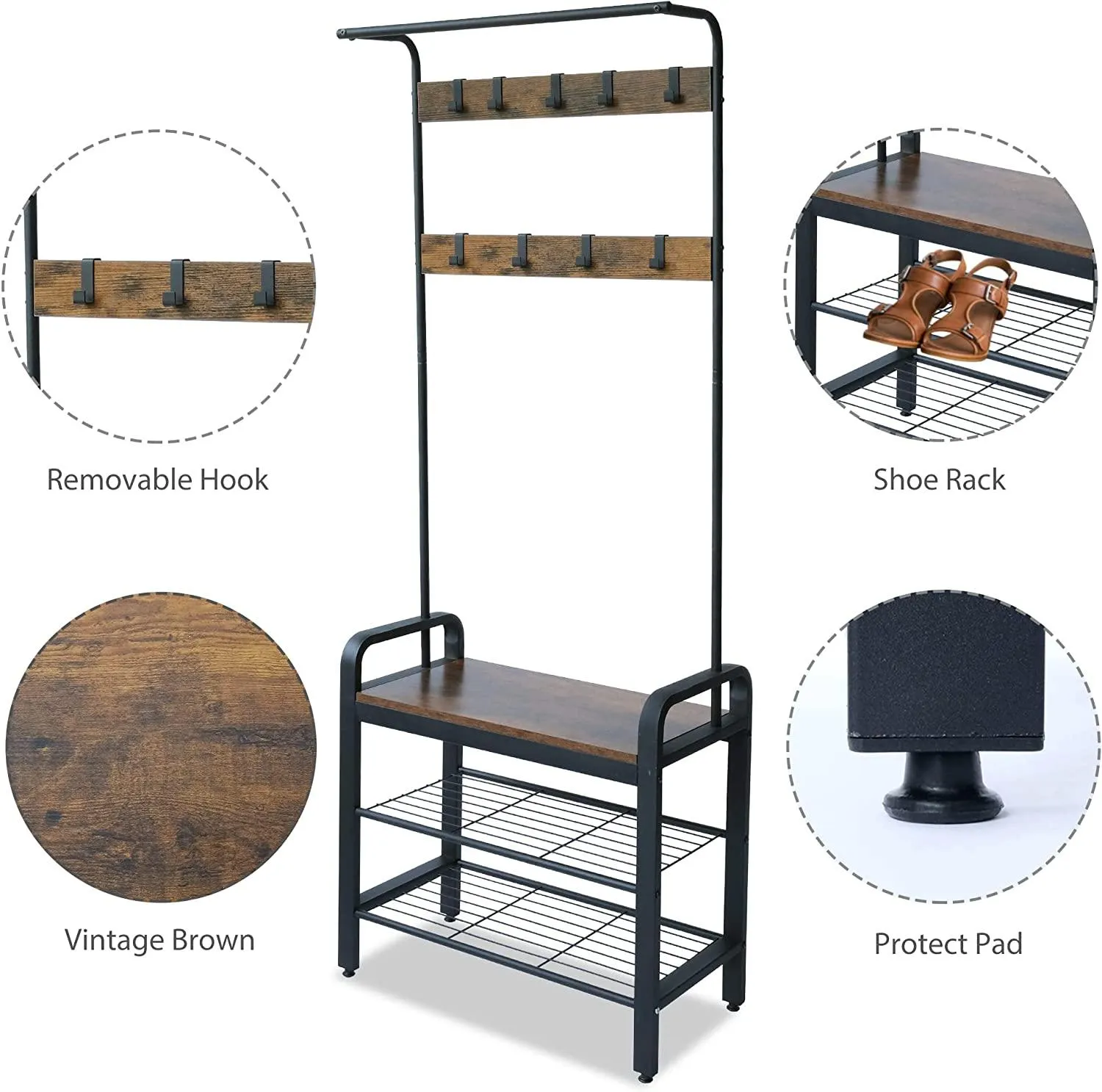 Freestanding Coat Rack with Shoe Bench, 3-in-1 Hall Tree Shoe Rack for Entryway