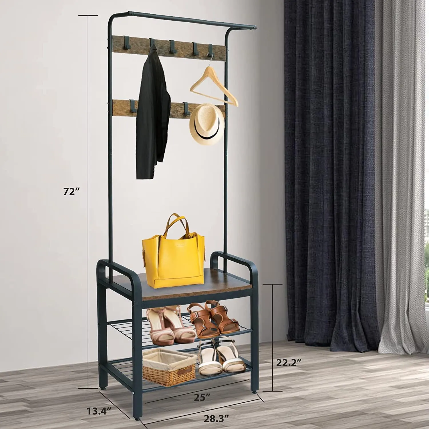 Freestanding Coat Rack with Shoe Bench, 3-in-1 Hall Tree Shoe Rack for Entryway