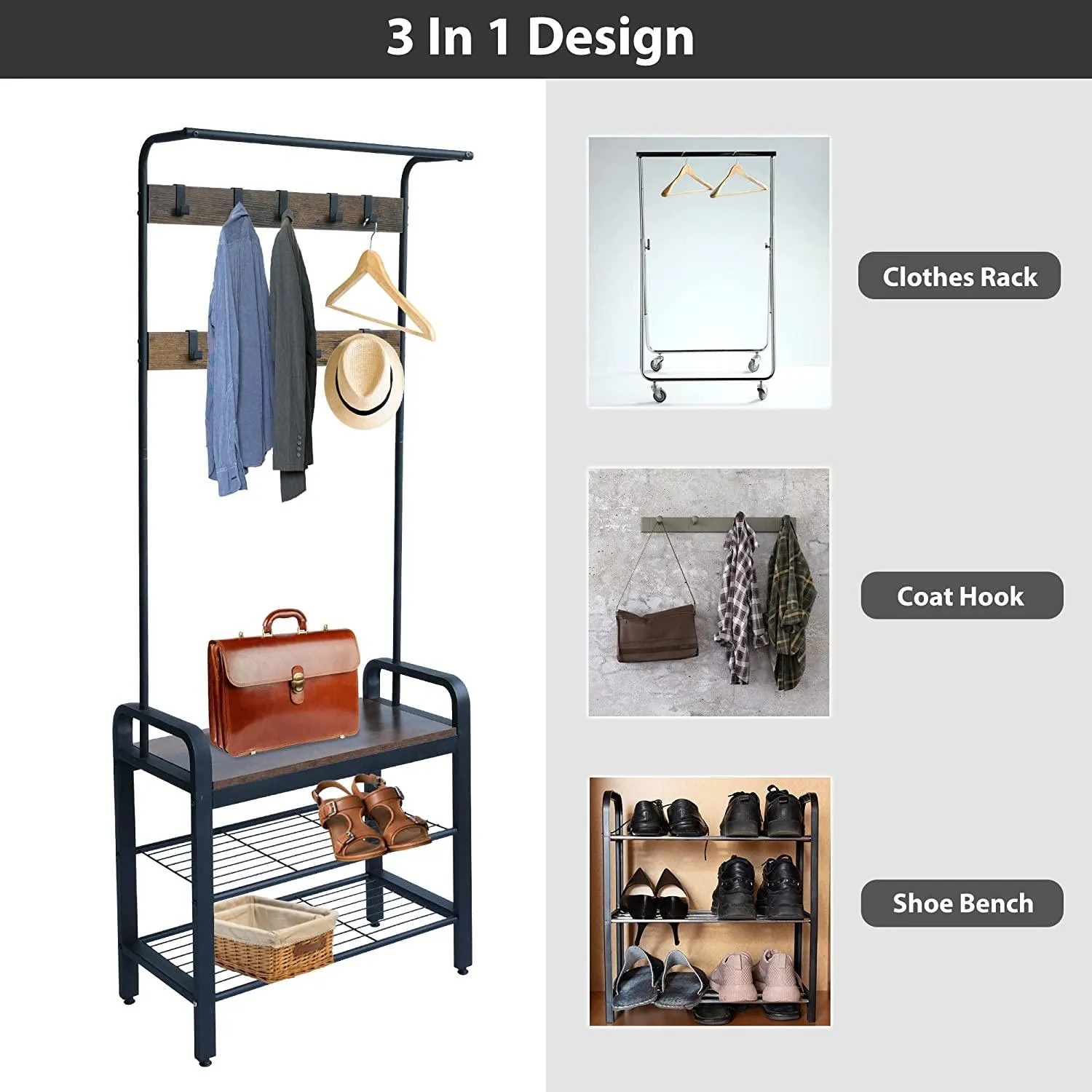 Freestanding Coat Rack with Shoe Bench, 3-in-1 Hall Tree Shoe Rack for Entryway