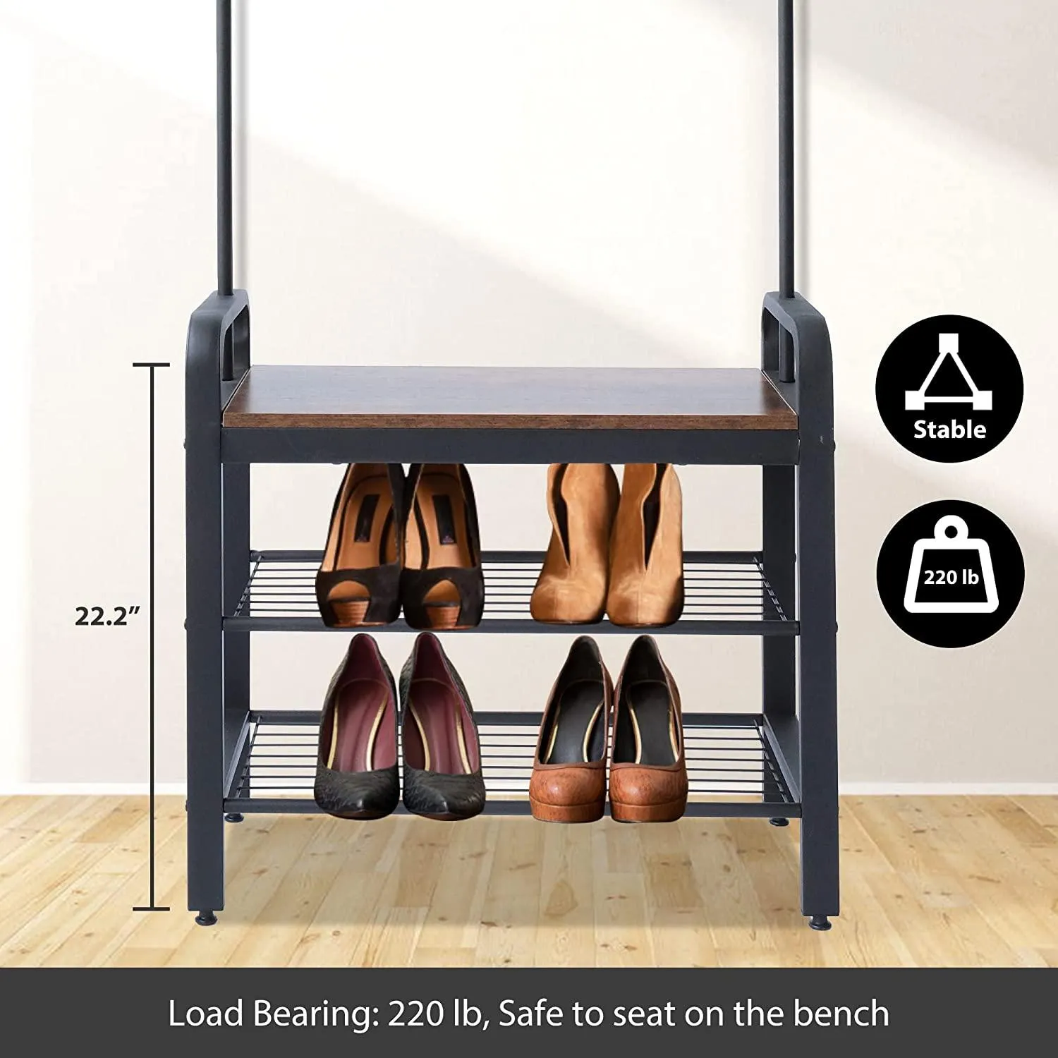 Freestanding Coat Rack with Shoe Bench, 3-in-1 Hall Tree Shoe Rack for Entryway