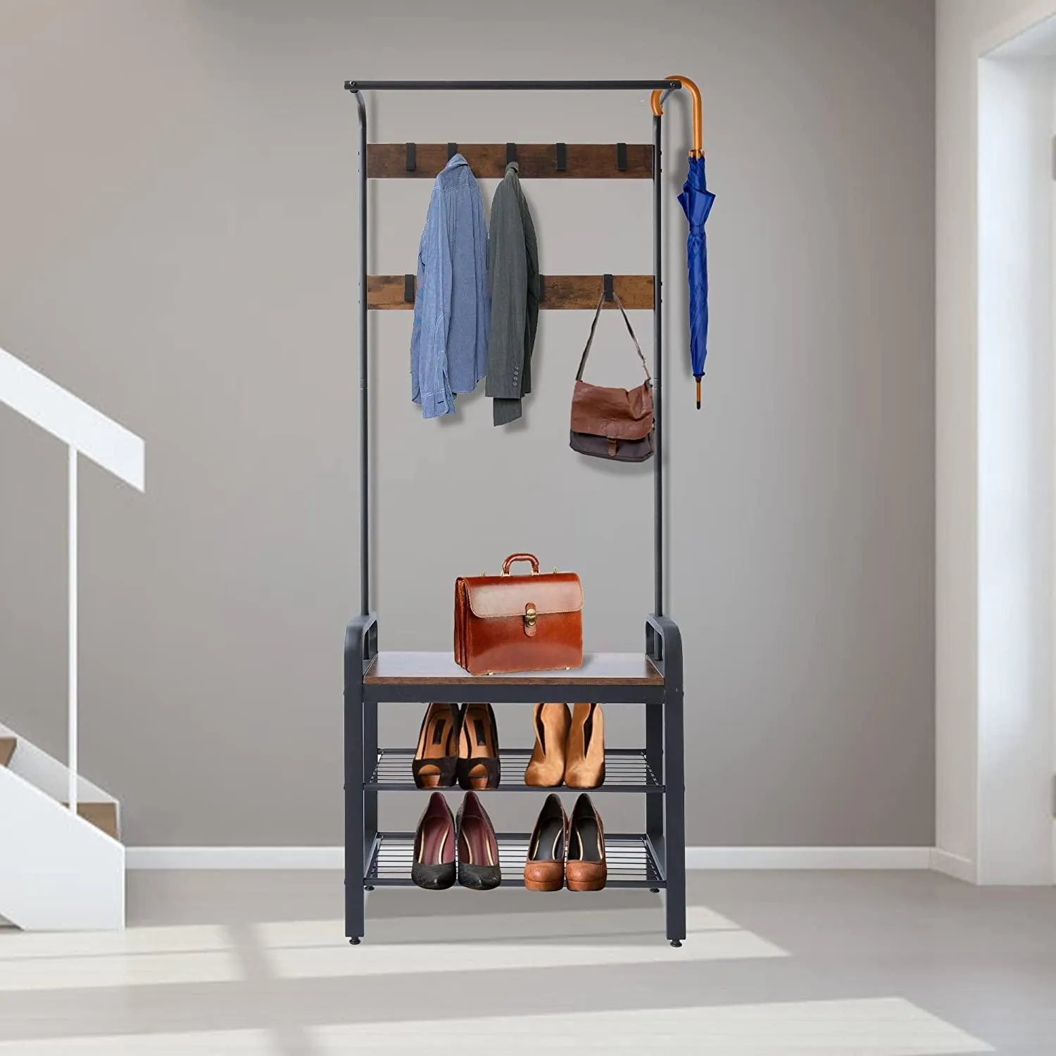 Freestanding Coat Rack with Shoe Bench, 3-in-1 Hall Tree Shoe Rack for Entryway