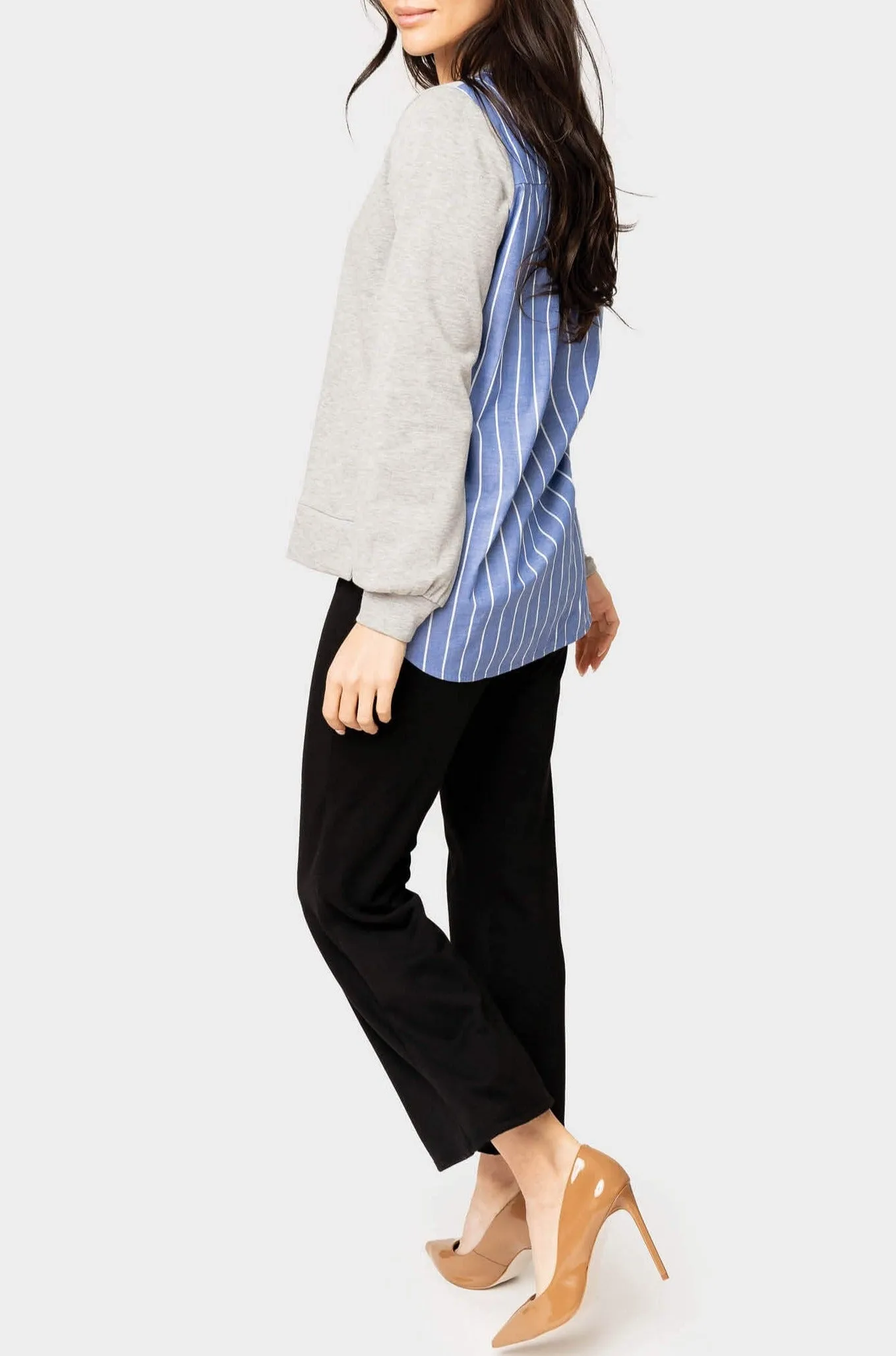 French Terry V-Neck Sweatshirt with Poplin Back