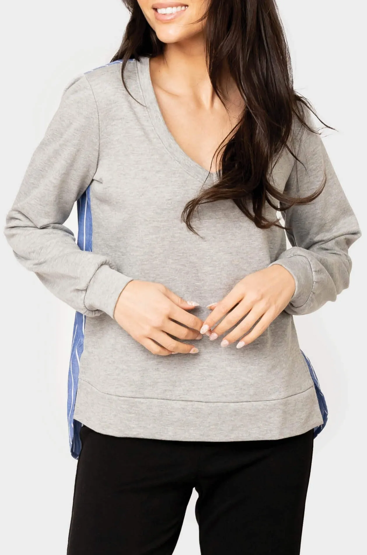 French Terry V-Neck Sweatshirt with Poplin Back