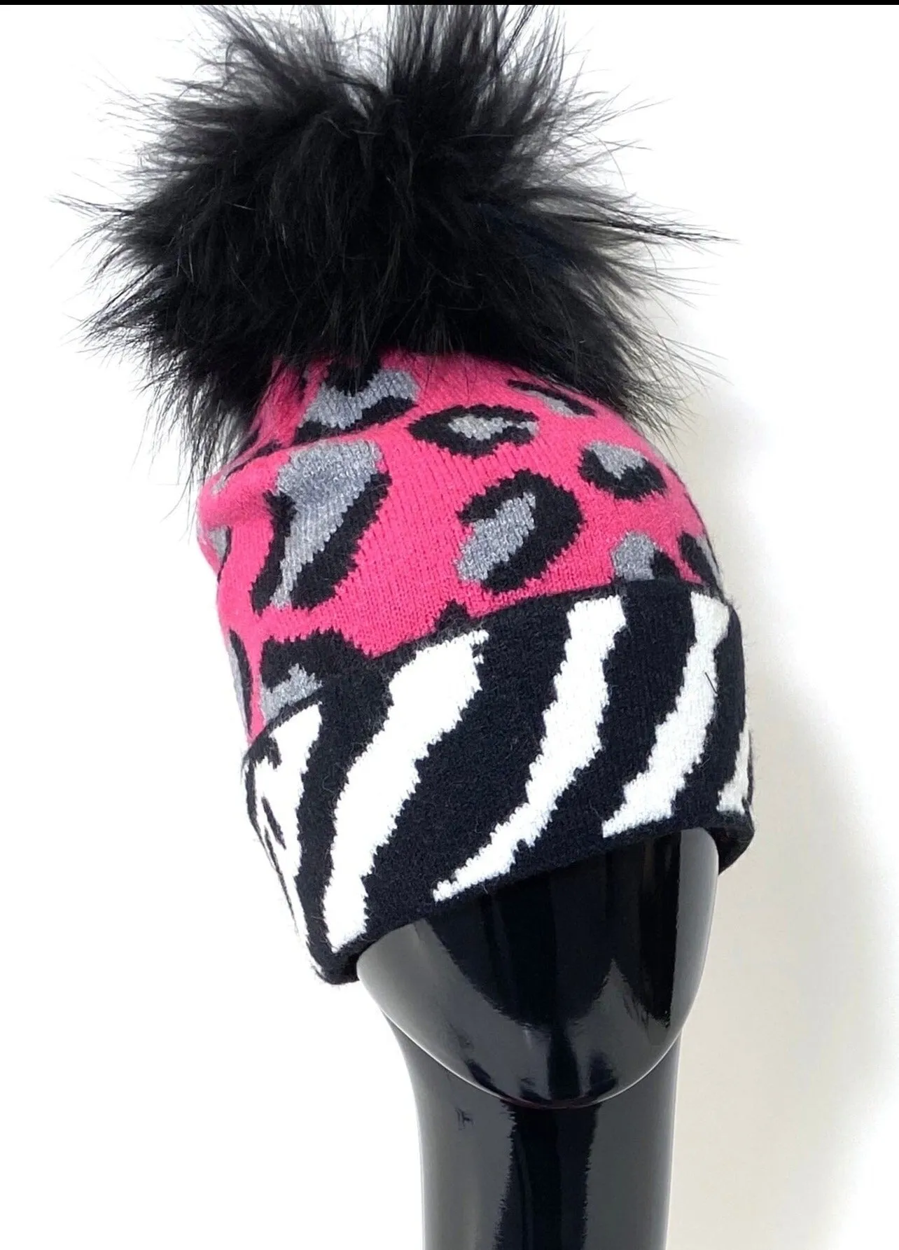 FUCHSIA LEOPARD PRINT FUR POM POM HAT