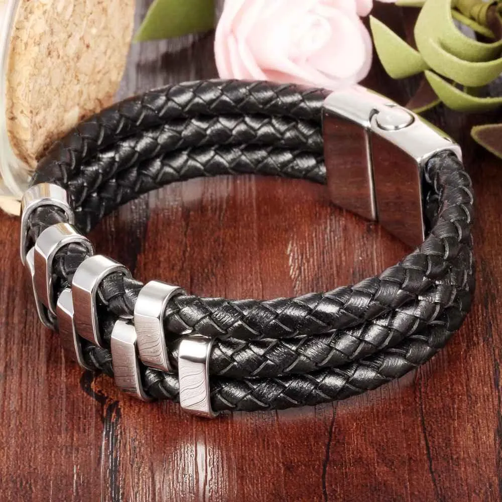 Genuine Cowhide Chain Stainless Steel Bracelets and Bangles for Men - Classic Chain Design Bracelets for Stylish Men