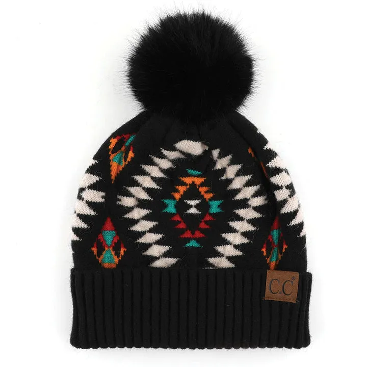 Geometric Pattern Pom Pom Beanie - Assorted Colours