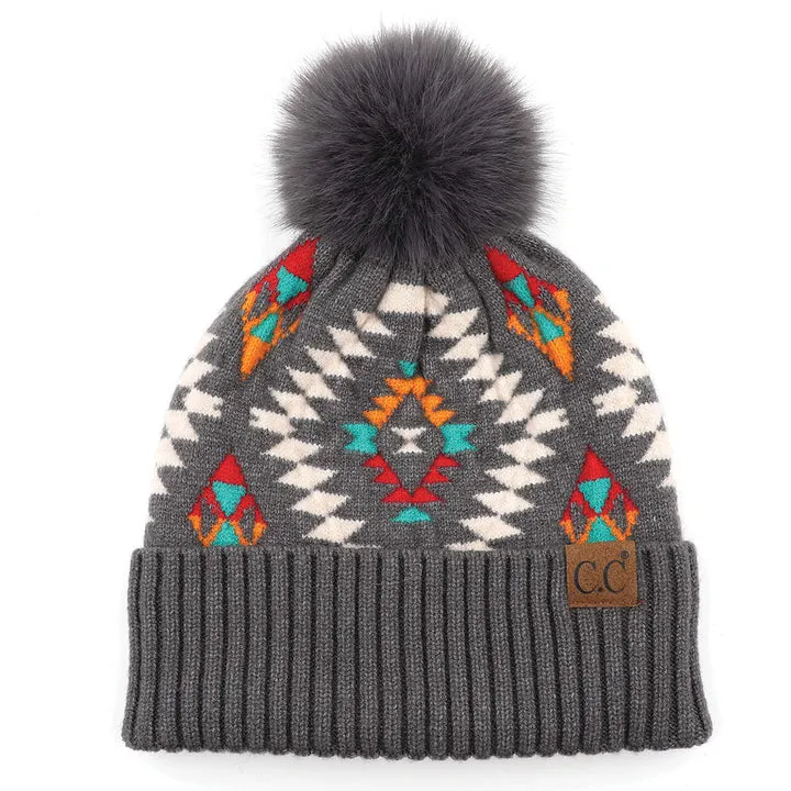 Geometric Pattern Pom Pom Beanie - Assorted Colours