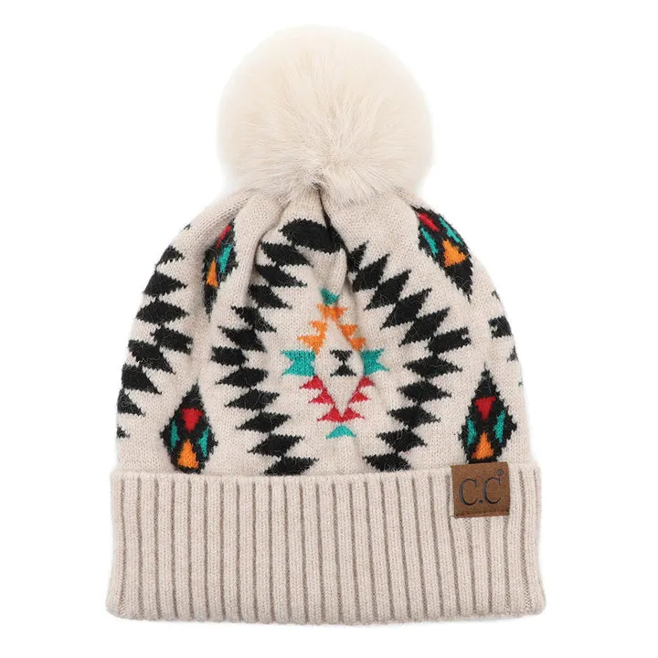 Geometric Pattern Pom Pom Beanie - Assorted Colours