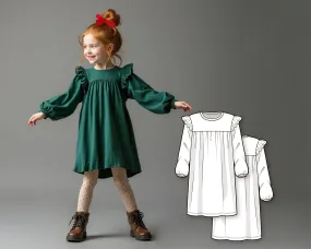 Girls A-Line Dress Sewing Pattern, DIY Long Puffed Sleeve Dress, Tiered Gathered Top, Beginner Friendly PDF for Kids