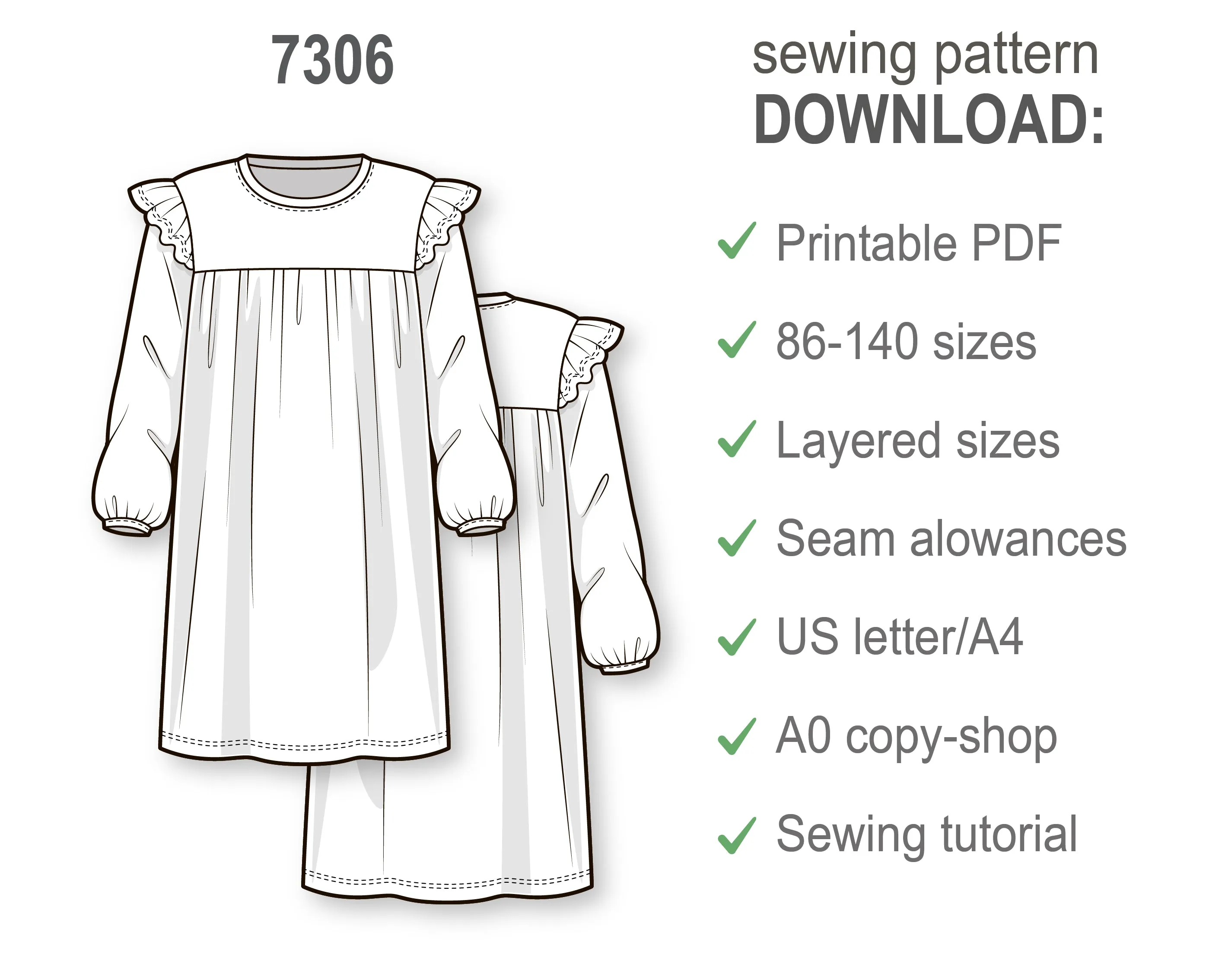 Girls A-Line Dress Sewing Pattern, DIY Long Puffed Sleeve Dress, Tiered Gathered Top, Beginner Friendly PDF for Kids