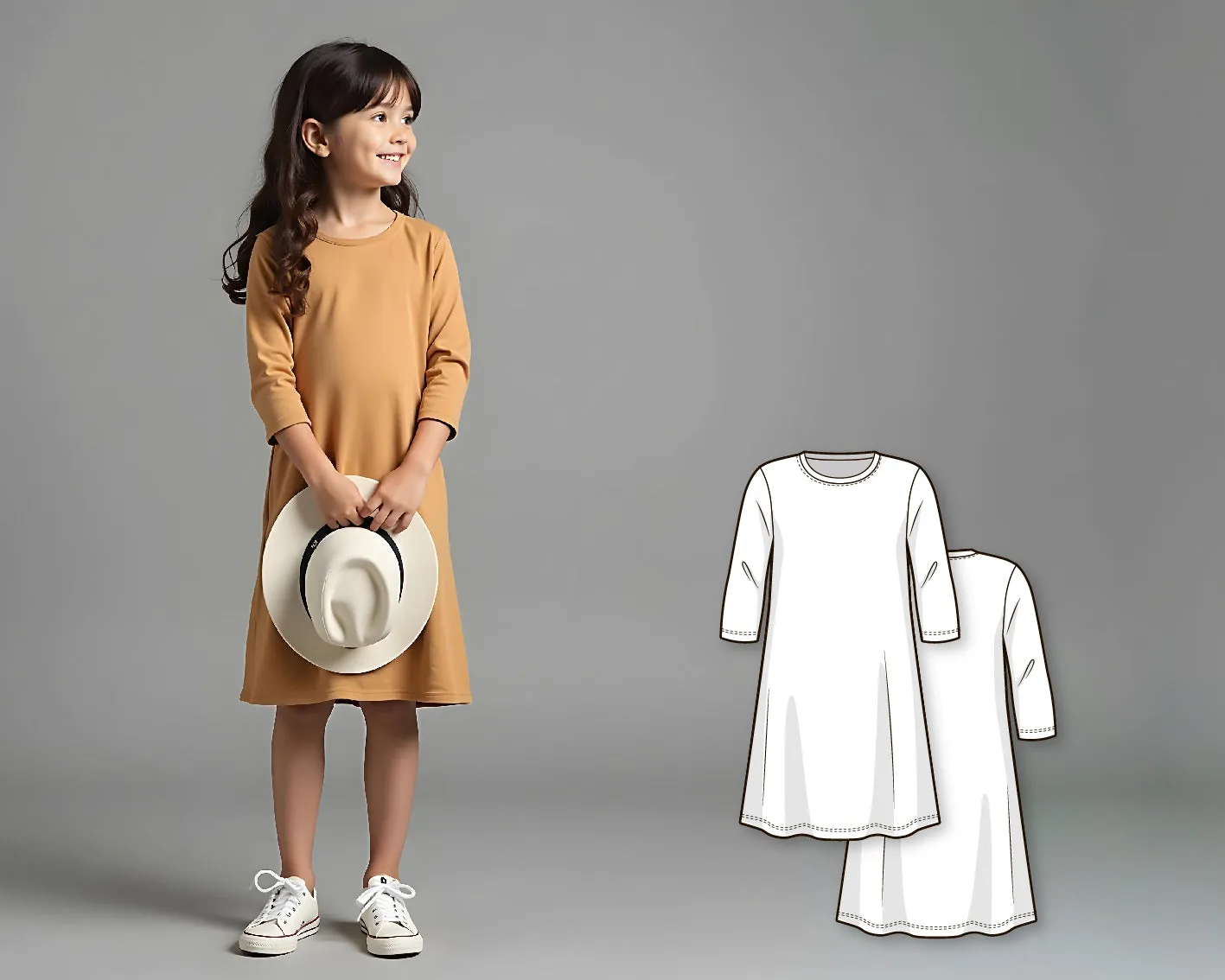 Girls A-Line T-Shirt Dress PDF Sewing Pattern, Long Sleeve Casual Basic Dress, DIY Beginner-Friendly Sewing Pattern for Kids