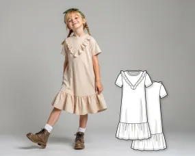 Girls Midi Dress PDF Sewing Pattern, Short Sleeve A-Line T-Shirt Dress with Ruffle Hem and Frill Yoke, Easy DIY Beginner Pattern