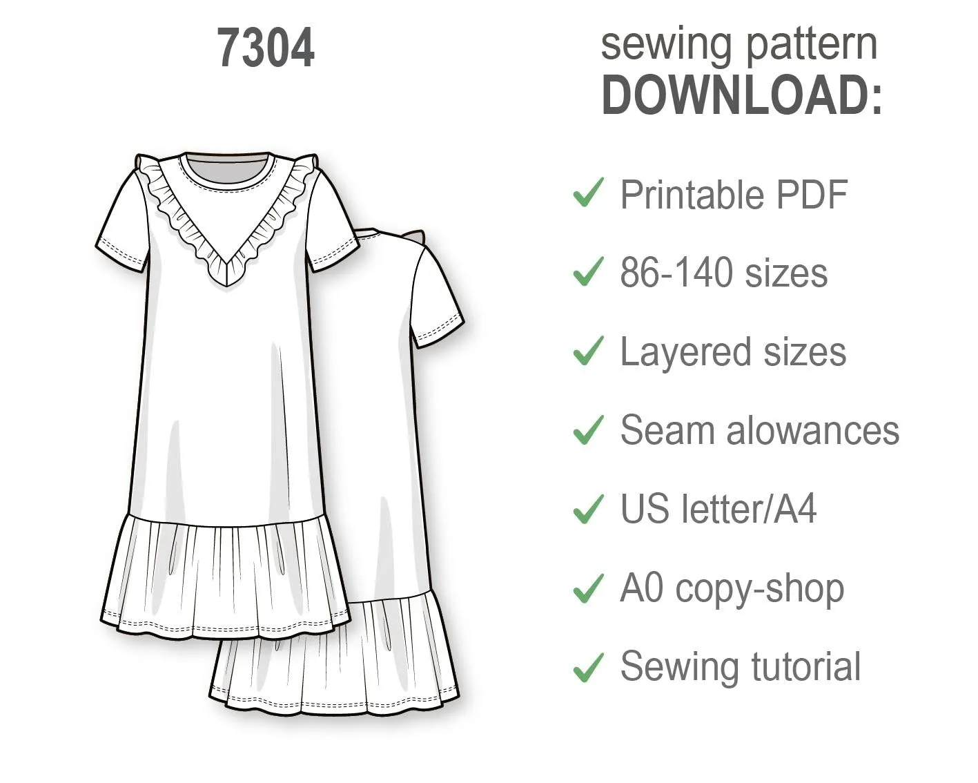 Girls Midi Dress PDF Sewing Pattern, Short Sleeve A-Line T-Shirt Dress with Ruffle Hem and Frill Yoke, Easy DIY Beginner Pattern